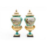 A PAIR OF COALPORT VASES the turquoise ground with cartouches of hand painted scenes of country