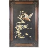 TWO JAPANESE SHIBAYAMA PANELS MEIJI PERIOD bone and mother of pearl inlay on lacquered wood, the
