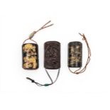 A GROUP OF THREE JAPANESE INROS EDO / MEIJI PERIOD comprising two lacquer and one carved wood