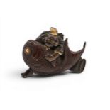 A GOOD JAPANESE MIXED METAL BRONZE PLACE CARD HOLDER MEIJI PERIOD (1868-1912) modelled as Ebisu