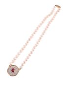 A RUBY, DIAMOND AND CULTURED PEARL NECKLACE