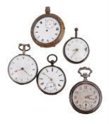 THREE SILVER OPEN FACE POCKET WATCHES AND TWO WHITE METAL EXAMPLES