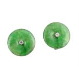 A PAIR OF MID 20TH CENTURY JADEITE JADE AND DIAMOND EARRINGS