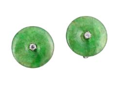 A PAIR OF MID 20TH CENTURY JADEITE JADE AND DIAMOND EARRINGS