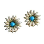 A PAIR OF TURQUOISE AND ENAMEL FLOWERHEAD EARRINGS