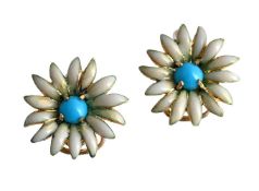 A PAIR OF TURQUOISE AND ENAMEL FLOWERHEAD EARRINGS