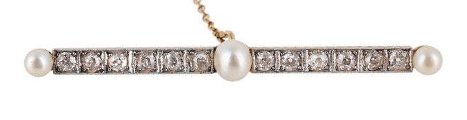 A DIAMOND AND BOUTON PEARL BAR BROOCH