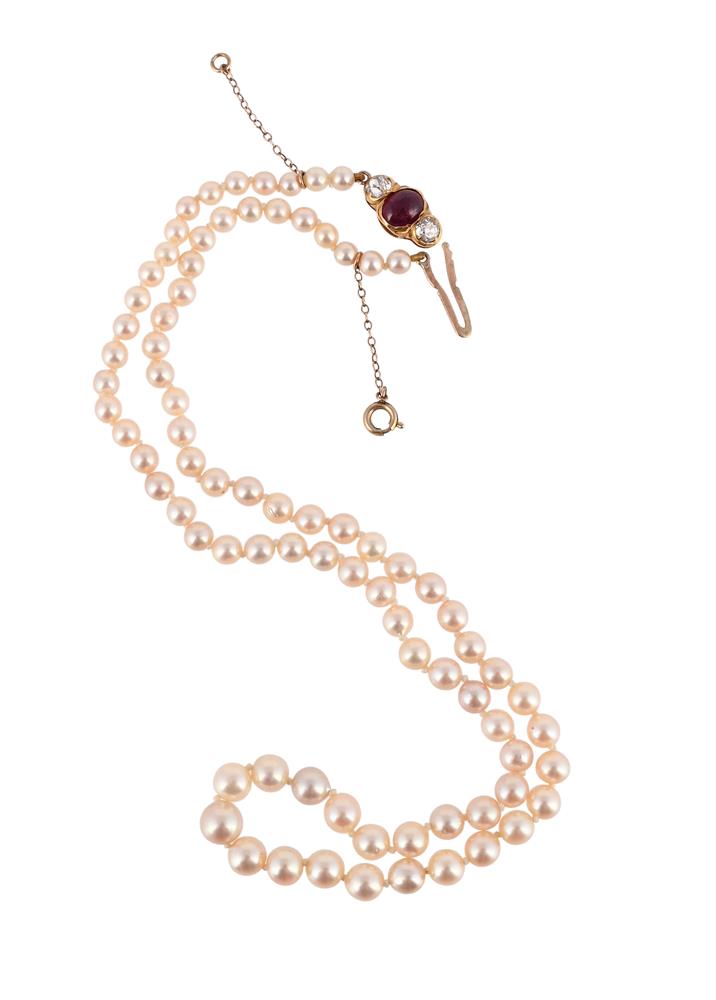A CULTURED PEARL NECKLACE WITH RUBY AND DIAMOND THREE STONE CLASP