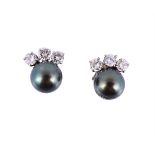 A PAIR OF DIAMOND AND CULTURED PEARL EARRINGS