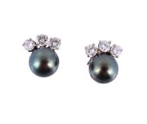 A PAIR OF DIAMOND AND CULTURED PEARL EARRINGS