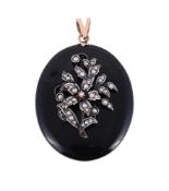 A LATE 19TH CENTURY HALF SEED PEARL AND ONYX LOCKET PENDANT