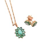 AN EMERALD CLUSTER PENDANT AND A PAIR OF EMERALD AND DIAMOND CLUSTER EARRINGS