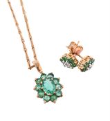 AN EMERALD CLUSTER PENDANT AND A PAIR OF EMERALD AND DIAMOND CLUSTER EARRINGS