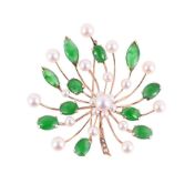 A JADEITE JADE AND CULTURED PEARL BROOCH
