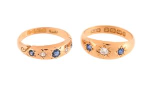 TWO ANTIQUE 18 CARAT GOLD SAPPHIRE AND DIAMOND RINGS