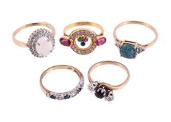 A GROUP OF FIVE GEM SET RINGS