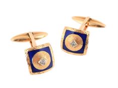 A PAIR OF ENAMEL AND DIAMOND CUFFLINKS