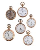 SIX GOLD PLATED KEYLESS WIND OPEN FACE POCKET WATCHES