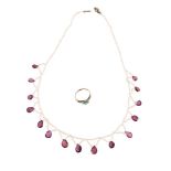 A TURQUOISE AND SEED PEARL CLUSTER RING AND A SEED PEARL NECKLACE