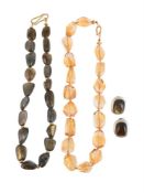 TWO BEAD NECKLACES AND A PAIR OF EARRINGS