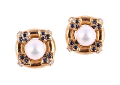 A PAIR OF CONVERTIBLE DIAMOND, SAPPHIRE AND CULTURED PEARL EARRINGS