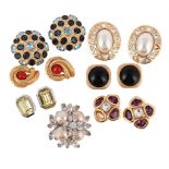 CHRISTIAN DIOR, SIX PAIRS OF EAR CLIPS AND A BROOCH