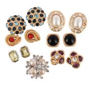 CHRISTIAN DIOR, SIX PAIRS OF EAR CLIPS AND A BROOCH