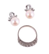A DIAMOND SEVEN STONE RING AND PAIR OF CULTURED PEARL AND DIAMOND EARRINGS