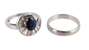 A SAPPHIRE AND DIAMOND DRESS RING AND A BAND RING