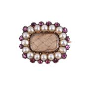 A LATE 18TH CENTURY RUBY, HALF PEARL AND HAIRWORK BROOCH