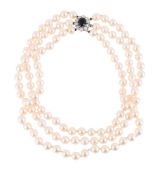A THREE STRAND CULTURED PEARL, SAPPHIRE AND DIAMOND NECKLACE