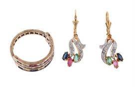 A PAIR OF GEM SET EARRINGS AND A SWIVEL RING