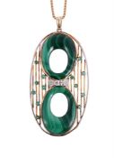 A DIAMOND AND MALACHITE PENDANT ON CHAIN