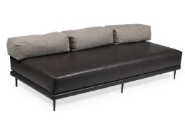 A LARGE SIMULATED LEATHER UPHOLSTERED STOOL OR LOW TABLE, OF RECENT MANUFACTURE