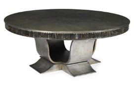 A SILVERED WOOD AND MIRRORED PERSPEX INSET CIRCULAR DINING TABLE, BY LOUISE BRADLEY