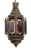 A LARGE GILT AND SILVERED METAL AND RED GLASS INSET HANGING LANTERN, 20TH CENTURY