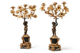 A PAIR OF NAPOLEON III GILT & PATINATED BRONZE 5 LIGHT CANDELABRA, MID/LATE 19TH CENTURY