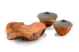 TWO MICHAEL ARAM BAMBOO SALAD BOWLS, TOGETHER WITH A ROOT CARVED BOWL, OF RECENT MANUFACTURE