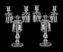 A PAIR OF GLASS TWIN LIGHT TABLE LUSTRES, LATE 19TH CENTURY