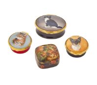 THREE VARIOUS HALCYON DAYS ENAMEL PILL BOXES WITH HINGED COVERS, MODERN, TOGETHER WITH A LACQUER BOX