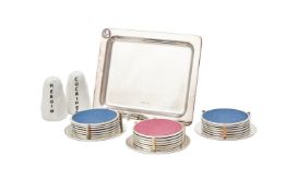 THREE CHROME EFFECT AND FAUX SHAGREEN SETS OF SIX COASTERS WITH FITTED STANDS, MODERN