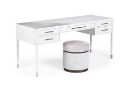 A WHITE LAMINATED DRESSING TABLE, TOGETHER WITH AN UPHOLSTERED STOOL