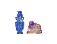 A CHINESE CARVED LAPIS LAZULI MINIATURE VASE AND COVER, TOGETHER WITH A CARVED AMETHYST FIGURE