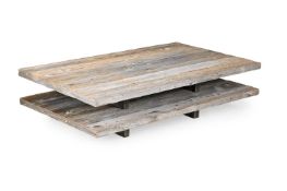 A TWO TIER RUSTIC WOOD LOW CENTRE TABLE, MODERN