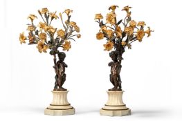 A PAIR OF PARCEL GILT BRONZE AND MARBLE SIX LIGHT CANDELABRA, FRENCH, LATE 19TH CENTURY