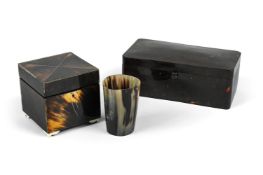 A RALPH LAUREN SIMULATED TORTOISESHELL BOX AND COVER, TOGETHER WITH ANOTHER EXAMPLE AND A BEAKER