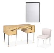 A SYCAMORE VENEERED AND PATINATED METAL DRESSING TABLE, TOGETHER WITH A WALL MIRROR AND A CHAIR