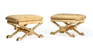 A PAIR OF GILTWOOD X-FRAME STOOLS, IN GEORGE IV STYLE, MID 20TH CENTURY