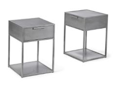 A PAIR OF GREY METAL BEDSIDE TABLES, OF RECENT MANUFACTURE