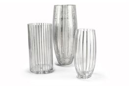 A GROUP OF THREE CLEAR GLASS AND SILVER APPLIED VASES, MODERN